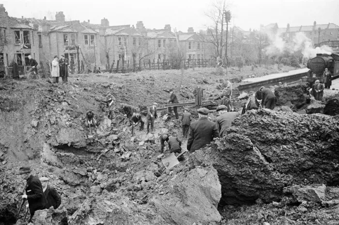Framed Print : V2 Rocket incident near Palmers Green Station. Crater made by the rocket after Framed Print : V2 Rocket incident near Palmers Green Station. Crater made by the rocket after
