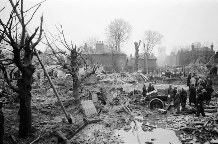Framed Print : V2 Rocket incident at Waltham Abbey. Fractured water and gas mains 7th March 1945 Framed Print : V2 Rocket incident at Waltham Abbey. Fractured water and gas mains 7th March 1945