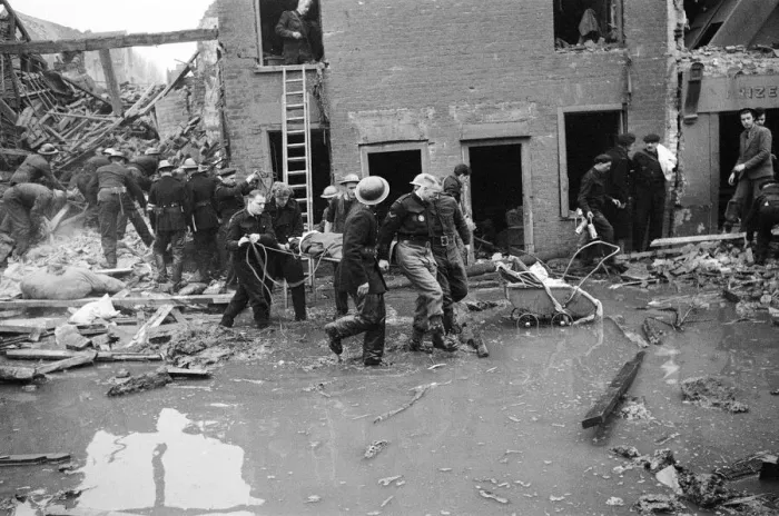 Framed Print : V2 Rocket incident at Waltham Abbey. Fractured water and gas mains 7th March 1945 Framed Print : V2 Rocket incident at Waltham Abbey. Fractured water and gas mains 7th March 1945