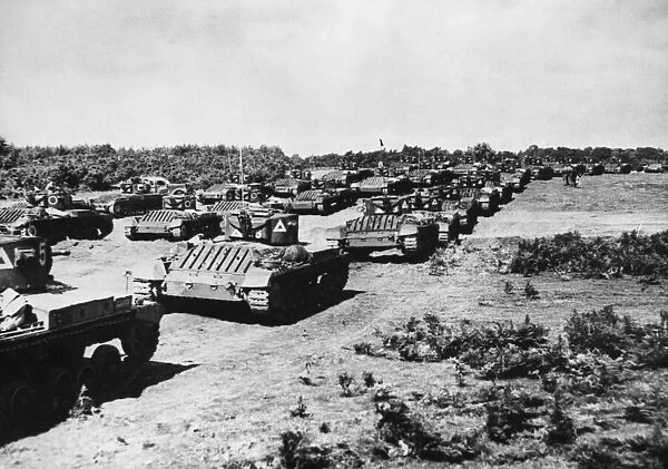 Valentine tanks on exercise in East Anglia during Second World War. Circa 1940s