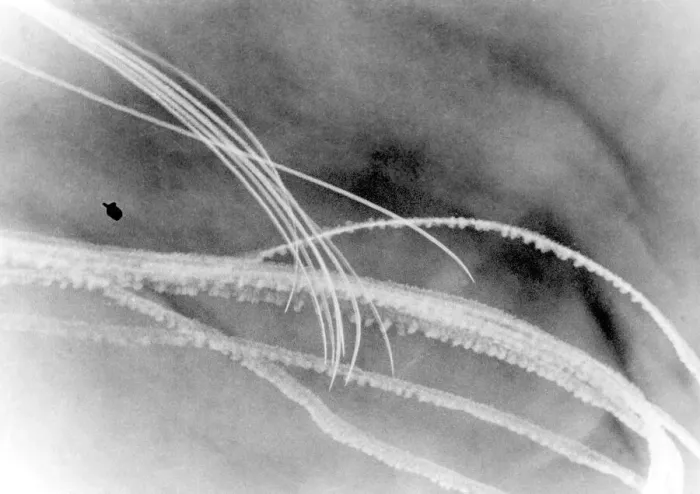 Framed Print : Vapour trails left by enemy aircraft as they are engaged by RAF fighters following a hit Framed Print : Vapour trails left by enemy aircraft as they are engaged by RAF fighters following a hit