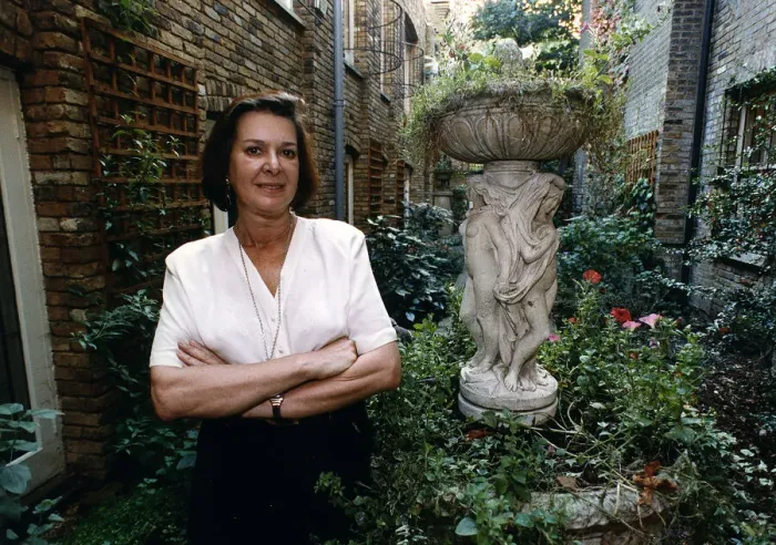 Framed Print : Verity Lambert TV Producer for BBC TV soap opera Eldorado stands in yard arms Framed Print : Verity Lambert TV Producer for BBC TV soap opera Eldorado stands in yard arms