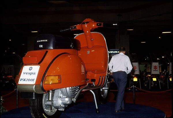 A Vespa Scooter at the 1983 Earls Court Motorcycle Show. 19th August 1983