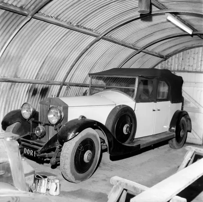 Framed Print : Veteran Rolls Royce car stored in nissen hut. 1963 Framed Print : Veteran Rolls Royce car stored in nissen hut. 1963