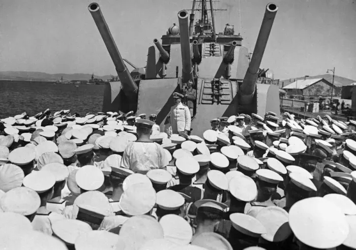 Framed Print : Vice Admiral Sir James Somerville addressing the ships company of British Royal Navy Framed Print : Vice Admiral Sir James Somerville addressing the ships company of British Royal Navy