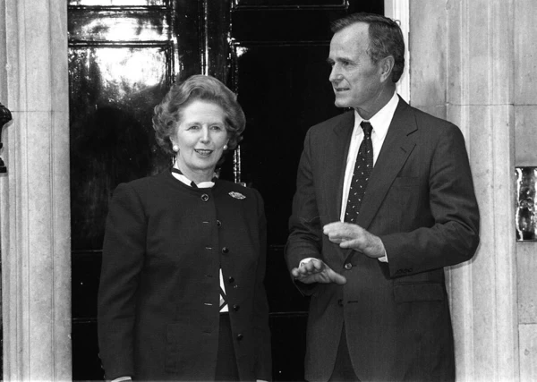 US Vice-President George Bush and British Prime Minister Margaret Thatcher on the steps