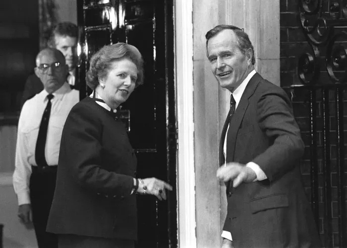 Framed Print : US Vice-President George Bush and British Prime Minister Margaret Thatcher going into Framed Print : US Vice-President George Bush and British Prime Minister Margaret Thatcher going into