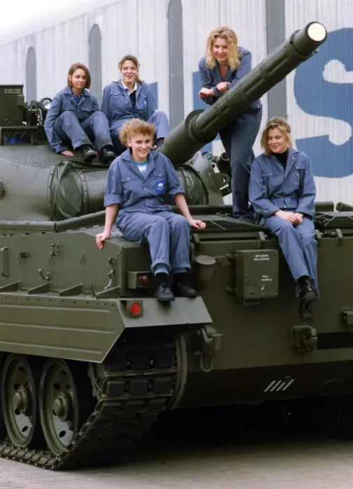 Framed Print : Five of Vickers female apprentices on a vickers Mark 3 Tank on 5th March 1992 Framed Print : Five of Vickers female apprentices on a vickers Mark 3 Tank on 5th March 1992