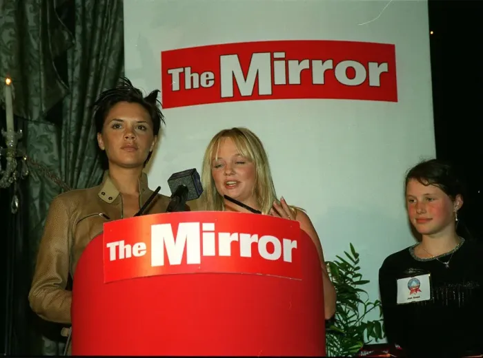 Framed Print : Victoria Adams and Emma Bunton of The Spice Girls May 1999 present award Framed Print : Victoria Adams and Emma Bunton of The Spice Girls May 1999 present award