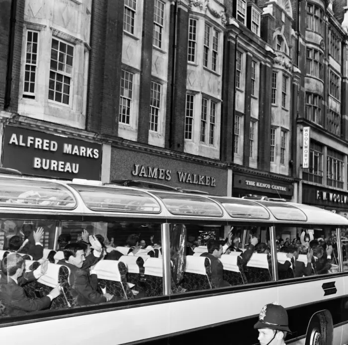 Framed Print : The victorious 1966 England team wave to jubilant fans gathered to cheer them in
