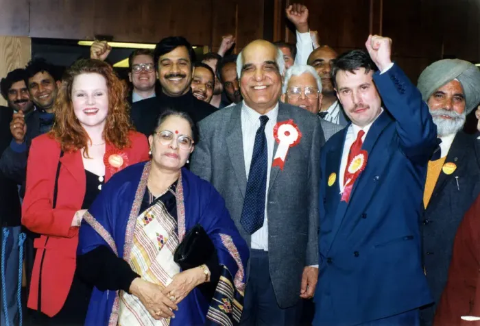 Framed Print : Victorious Labour Party candidates Parshotam Joshi and George Duggins celebrate their