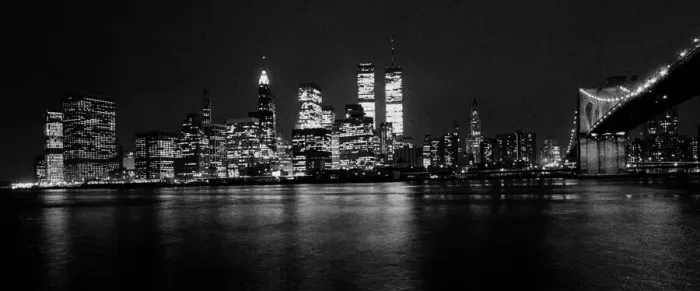 Framed Print : View across the East River of the illuminated Manhattan skyline in New York City