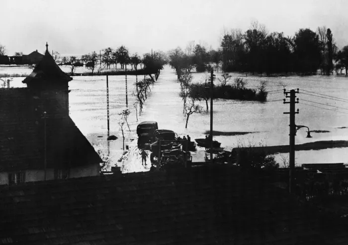 Framed Print : View of flooded sector near french village as river overflowed is bank