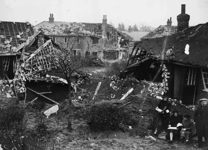 Framed Print : View showing the damage to pensioners bungalows in a residential area of Lincoln