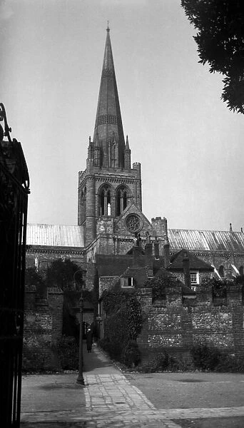 A view of the spire of Chichester Cathedral and St. Richards Walk