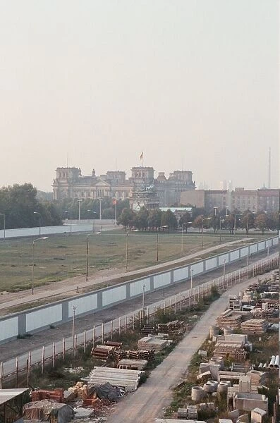 View of West Berlin across wall from East Berlin, showing The Brandenburg Gate & The