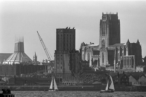 Views of Liverpool Anglican Cathedral and the Grain Silo, currently being demolished