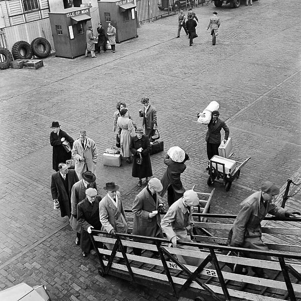 Views of Liverpool, Merseyside, 13th May 1954. People boarding a ferry bound for the Isle