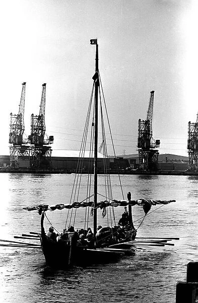 A Viking longboat arriving on the river Tyne for the Newcastle Regatta in July 1980