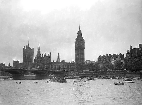 Viking Ship sails up River Thames to Richmond. 1949 passing Houses of Parliament