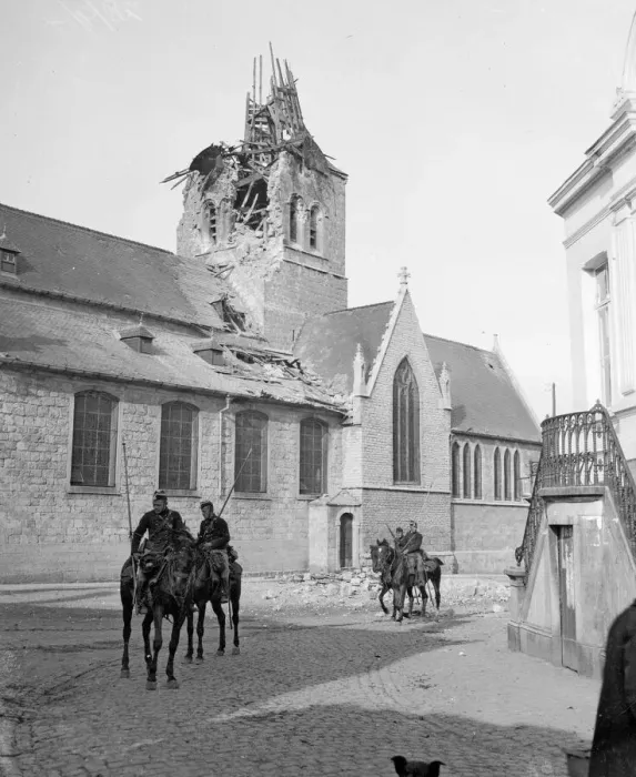 Framed Print : The village of Audeghem. The first four Belgian scouts to enter the towm after the German