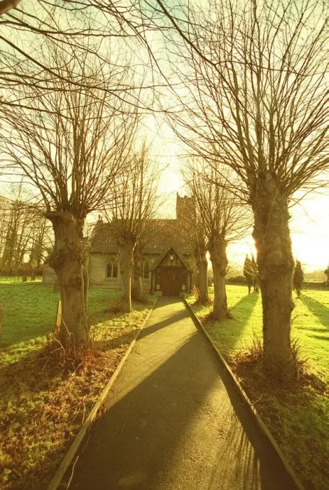 Framed Print : Village of Baxterley nr. Tamworth. Trees casting a shadow on the pathway leading to Framed Print : Village of Baxterley nr. Tamworth. Trees casting a shadow on the pathway leading to