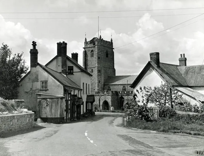 Framed Print : The village of Culmstock in Devon with view of church Scenic Circa 1955