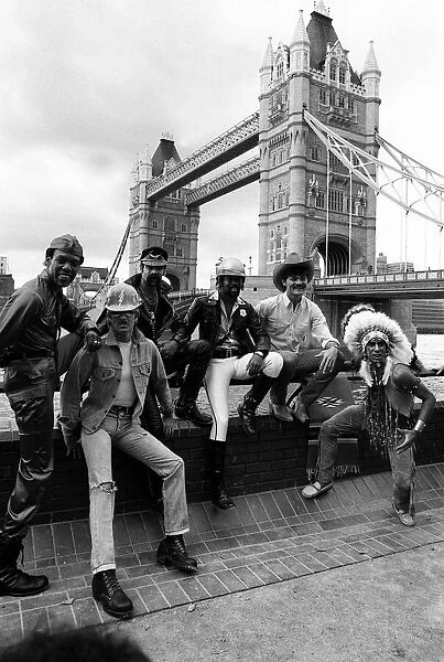 Village People pop band at Tower Bridge London. 1980