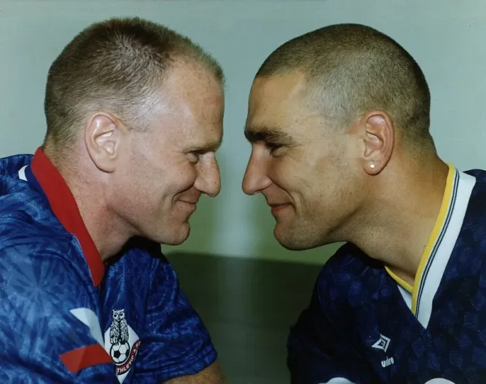 Framed Print : Vinnie Jones right Chelsea FC Footballer with fellow footballer Andy Ritchie Oldham FC
