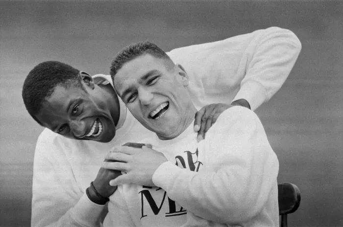 Framed Print : Vinnie Jones (right) and John Fashanu pictured during a photocall for Wimbledon Football