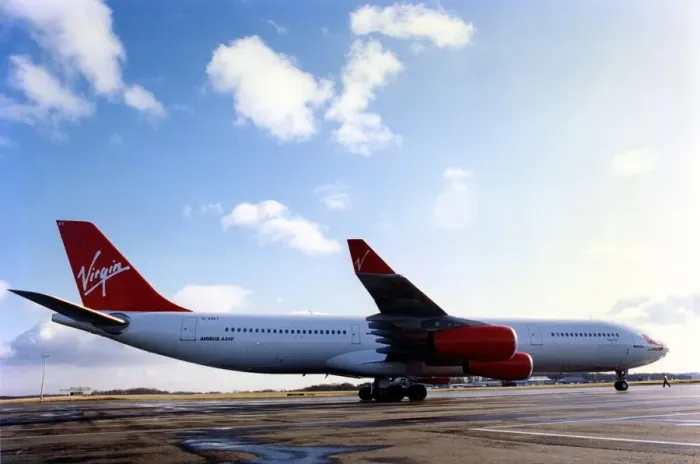 Framed Print : A Virgin Atlantic Airbus A340 aircraft at Newcastle Airport, November 1997
