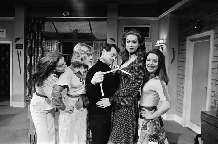 Framed Print : Vital statistical work by David Jason as inch by inch he gets the measure of Valerie Leon Framed Print : Vital statistical work by David Jason as inch by inch he gets the measure of Valerie Leon