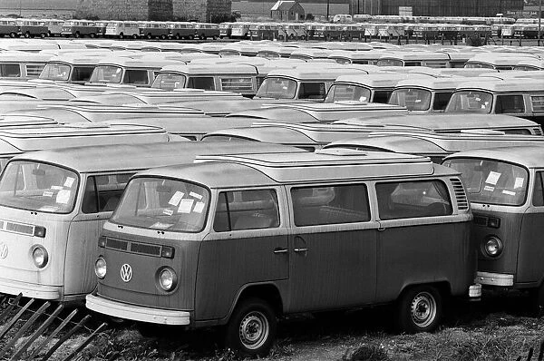 Volkswagen vans and cars at Manston, Kent, awaiting distribution to dealers in Britain