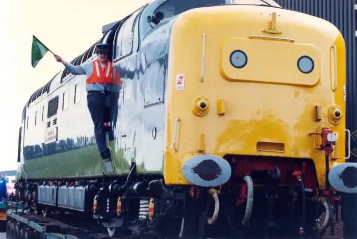 Framed Print : Volunteer Rosemary Smith welcomes the Deltic diesel locomotive to the Stephenson Rail