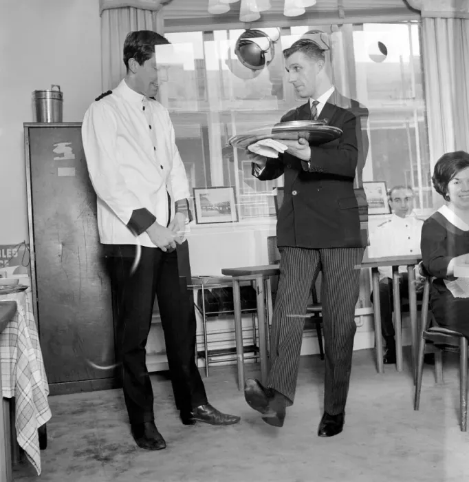 Framed Print : Waiters training school, where would be waiters are shown the correct way to serve