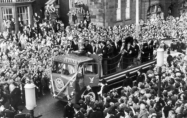 The Wakefield Trinity team arrive at the town hall on the back of a Beverleys Beers lorry