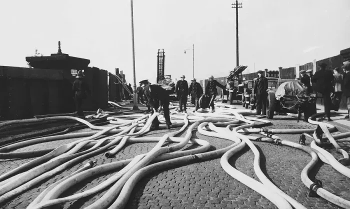 Framed Print : Walinden Road Hackney London as firemen fight a timber yard fire after WW2 air raid Framed Print : Walinden Road Hackney London as firemen fight a timber yard fire after WW2 air raid