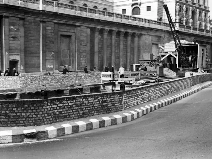 Framed Print : Wall round Bank Subway, London, following an air raid attack. Circa 1941 Framed Print : Wall round Bank Subway, London, following an air raid attack. Circa 1941