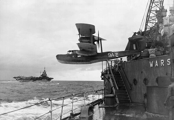 A Walrus aircraft of the British Royal Navy Fleet Air Arm ibeing catapulted from