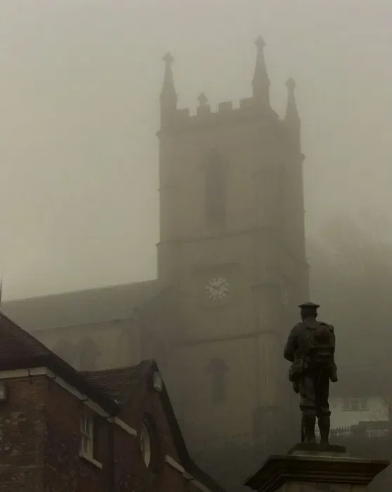 Framed Print : War memorial in Ironbridge. Statue of a soldier shrouded by the fog Framed Print : War memorial in Ironbridge. Statue of a soldier shrouded by the fog