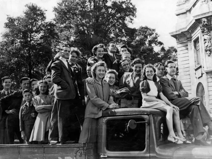 Framed Print : War - World War II - Yound people in Cardiff climb on board a lorry to use it as a Framed Print : War - World War II - Yound people in Cardiff climb on board a lorry to use it as a