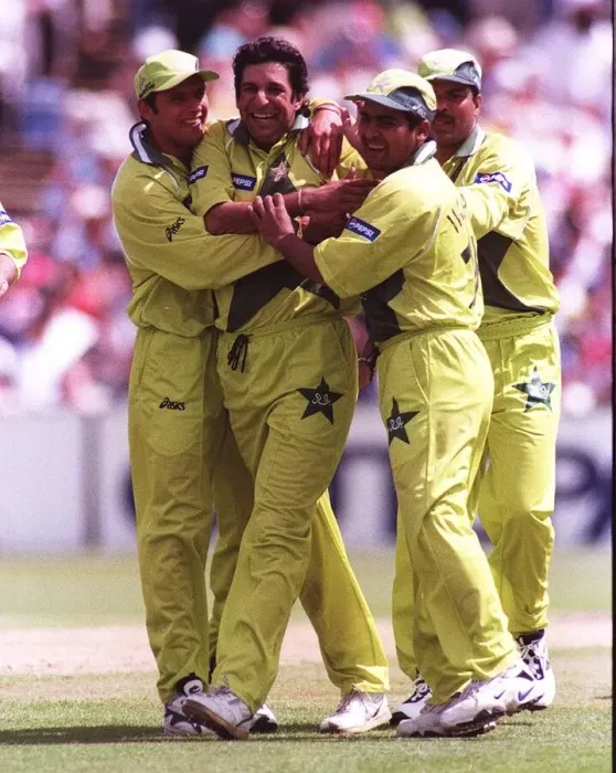 Framed Print : Wasim Akram is mobbed after getting the wicket June 1999 of Craig McMillan during Framed Print : Wasim Akram is mobbed after getting the wicket June 1999 of Craig McMillan during