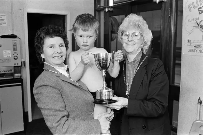 Framed Print : Water baby William receives his trophy from the Mayoress (left) and Deputy Mayoress Framed Print : Water baby William receives his trophy from the Mayoress (left) and Deputy Mayoress