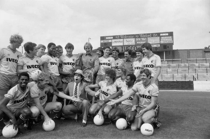 Framed Print : Watford FC chairman Elton John with Watford football team at a photocall Framed Print : Watford FC chairman Elton John with Watford football team at a photocall