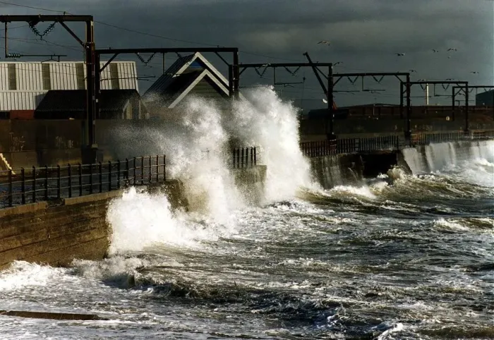 Framed Print : Waves crash against a wall at Solcots after heavy winds caused the sea to become rough Framed Print : Waves crash against a wall at Solcots after heavy winds caused the sea to become rough