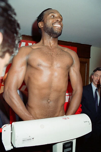 WBC super-middleweight champion Nigel Benn at the weigh-in for his bout with Mauro