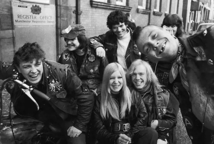 Framed Print : Wedding of two Hells Angels at the registry office in Jacksons Row, Manchester