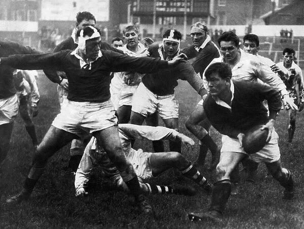 Welsh international rugby union player Bryn Meredith in action. Circa 1960