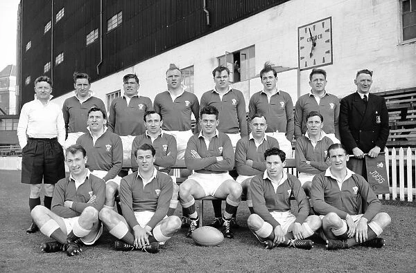 The Welsh Team pose for a team photograph during the 1955 Five Nations Championship Circa