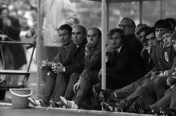 Framed Print : West Germany v England Football May 1972 England Bench watching match - LEFT Harold